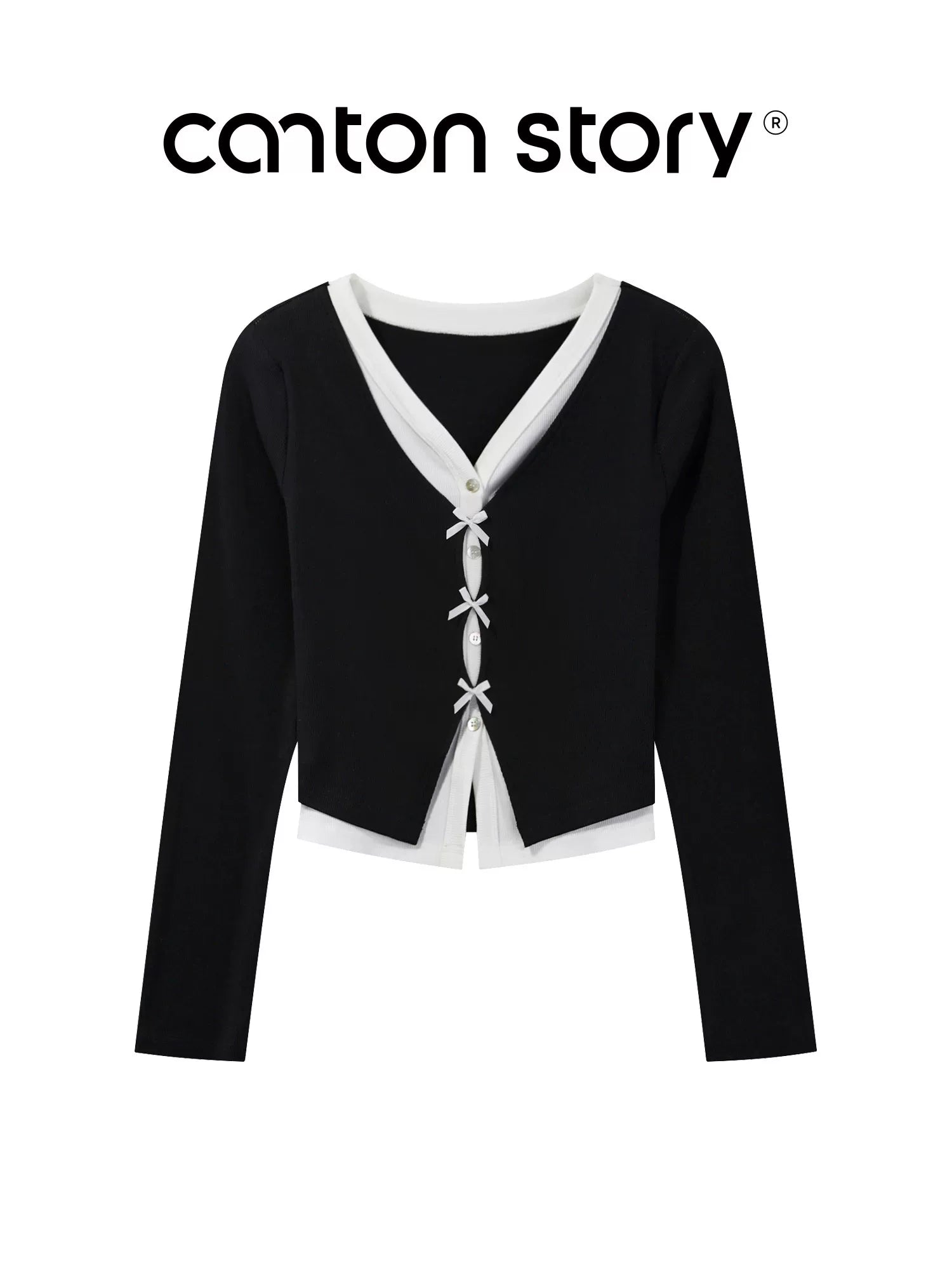 cantonstory Fake Two Piece V Neck Knit Long Sleeve Top