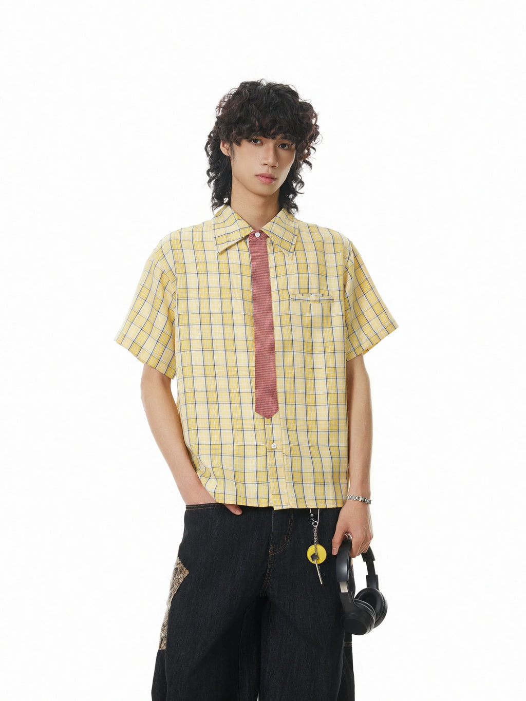 BTSG Detachable Tie Plaid Short Sleeve Shirt