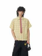 BTSG Detachable Tie Plaid Short Sleeve Shirt