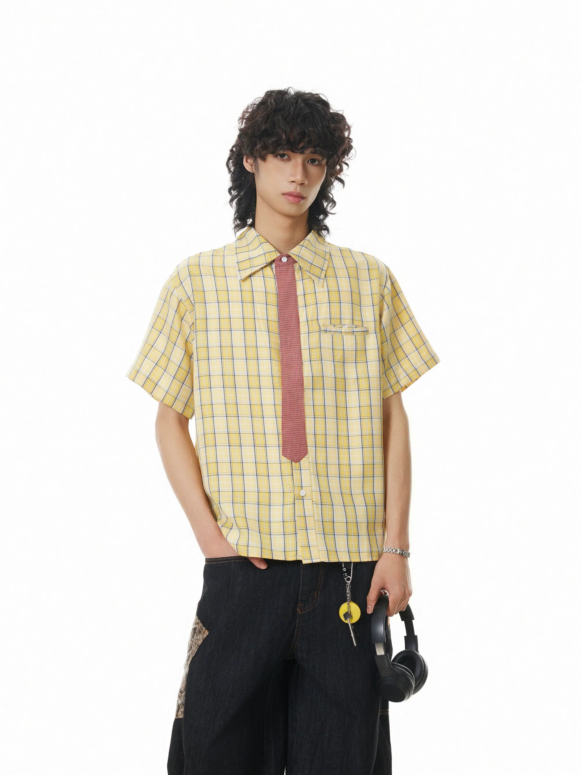BTSG Detachable Tie Plaid Short Sleeve Shirt