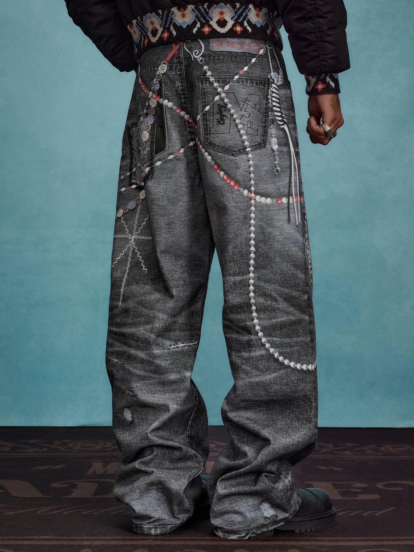 YADxMEDM Baijia Cloth Patch Destroyed Chain Print Jeans