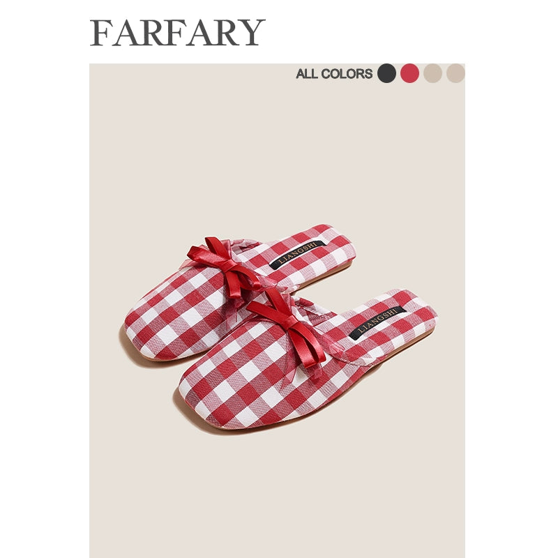 Farfary Houndstooth Bow Half Slippers