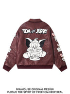 NIKAHOUSE Embroidered Cat Mouse Motorcycle Leather Jacket