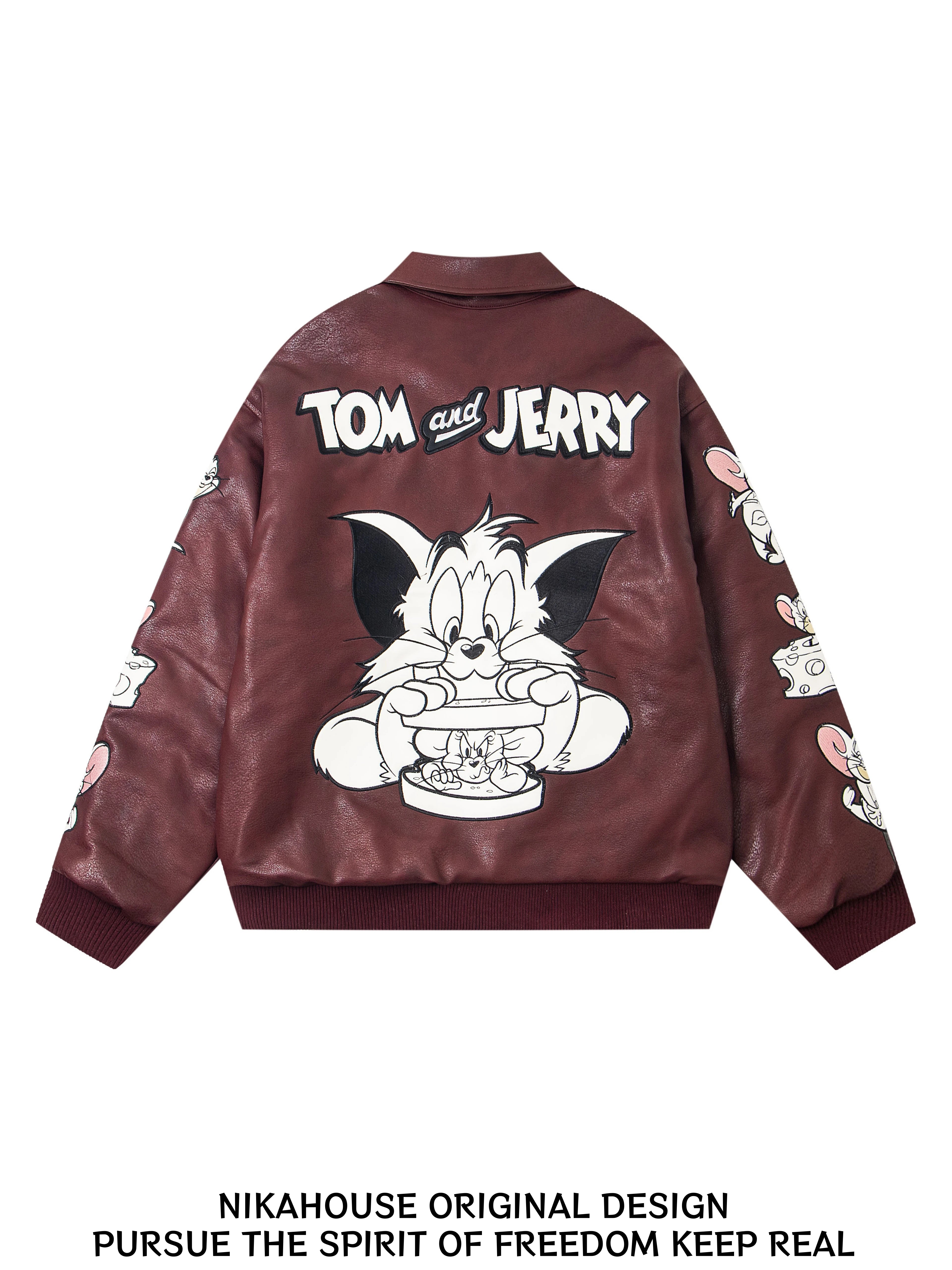 NIKAHOUSE Embroidered Cat Mouse Motorcycle Leather Jacket