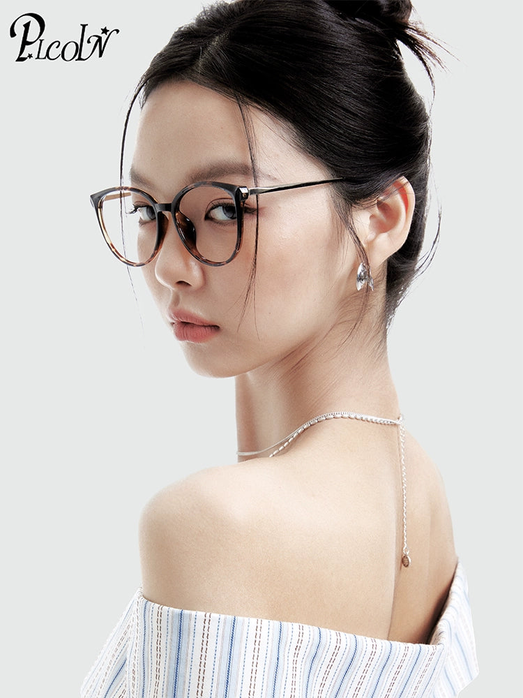 PLCOIN Tortoise Shell Round Cat-Eye Glasses Anti-Blue Light Myopia