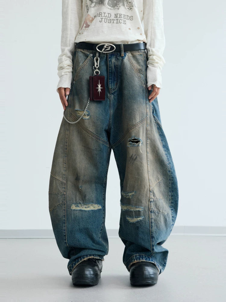 PEOPLESENSE Deconstructed Pleated Yellow Mud Dyed Ripped Scimitar Pants