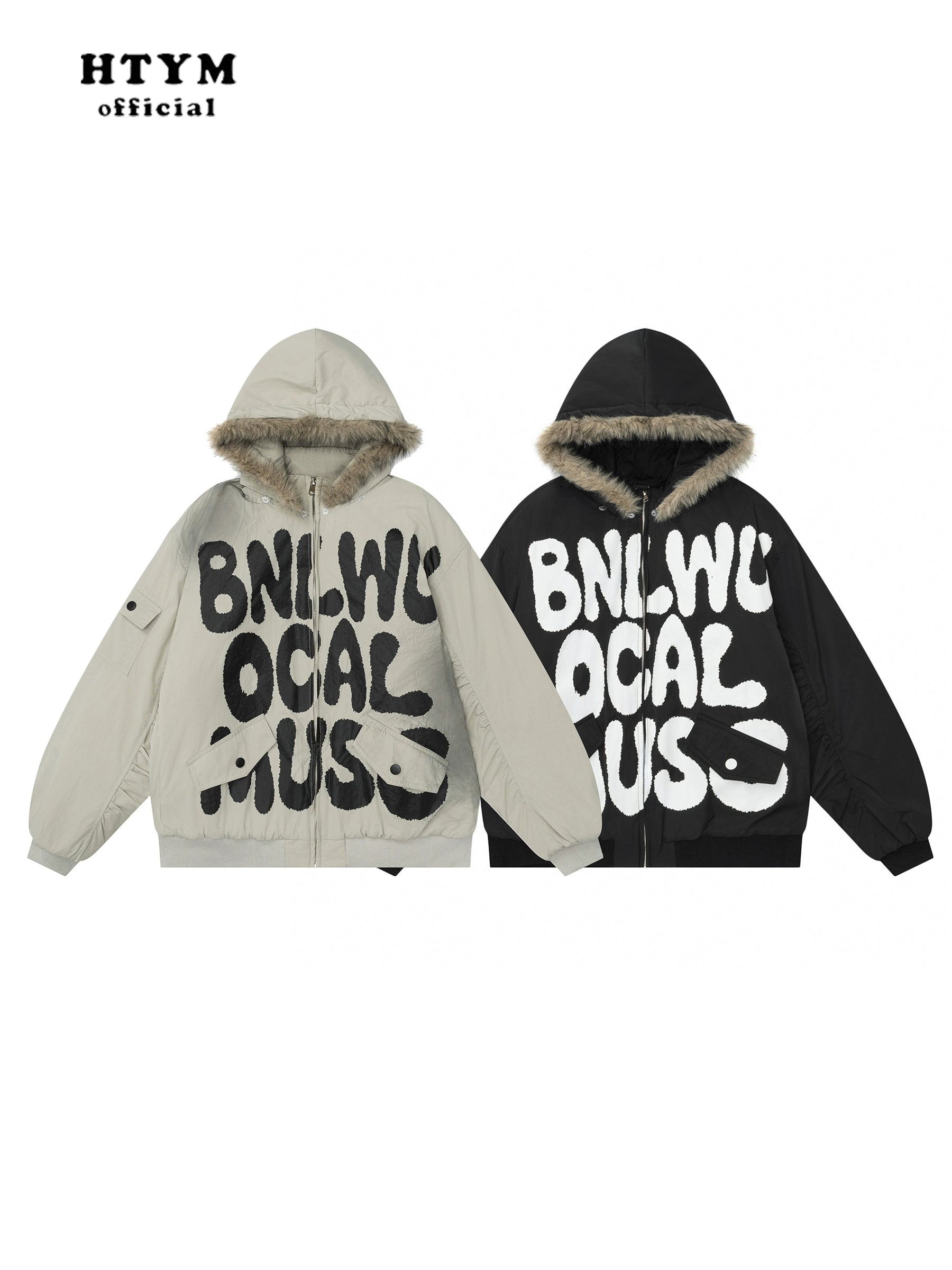 HTYM Retro Letter Print Fur Collar Cotton Coat for Women