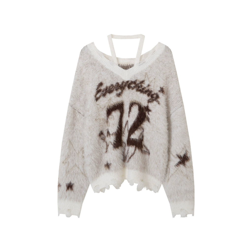 HTYM Halter One-Shoulder Mohair Sweater for Women