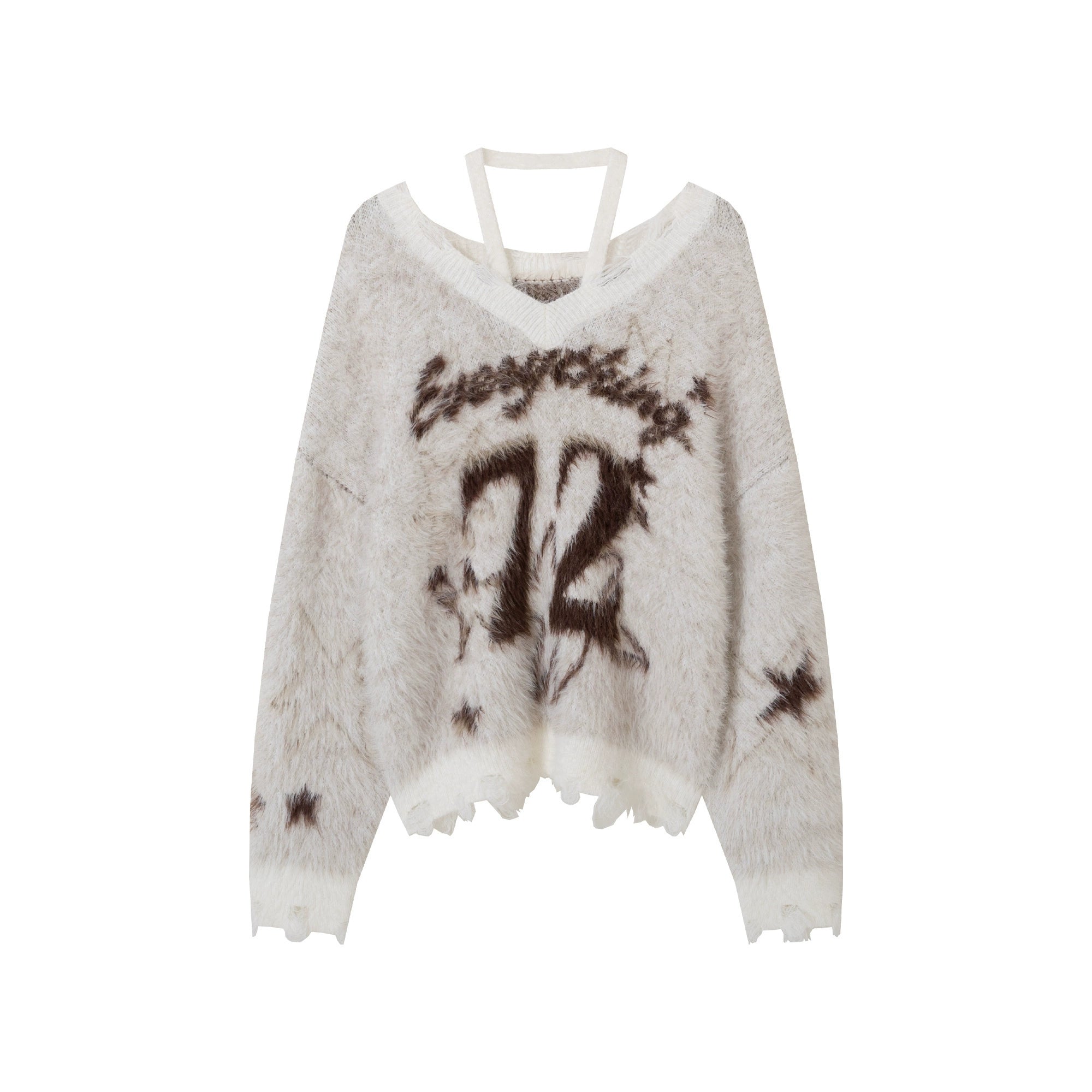 HTYM Halter One-Shoulder Mohair Sweater for Women