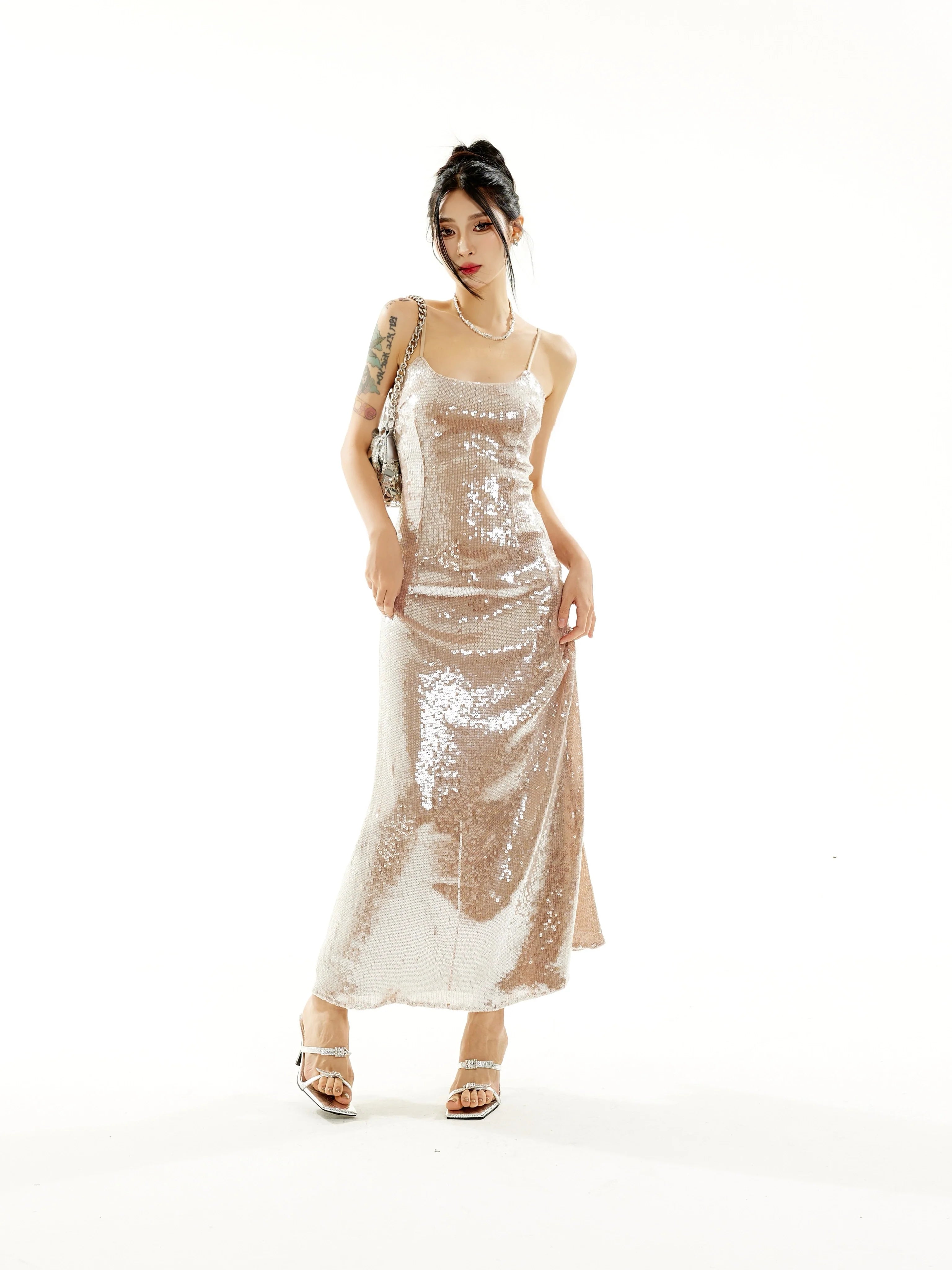 Zero Heavy Sequins Cinched Waist Slip Dress