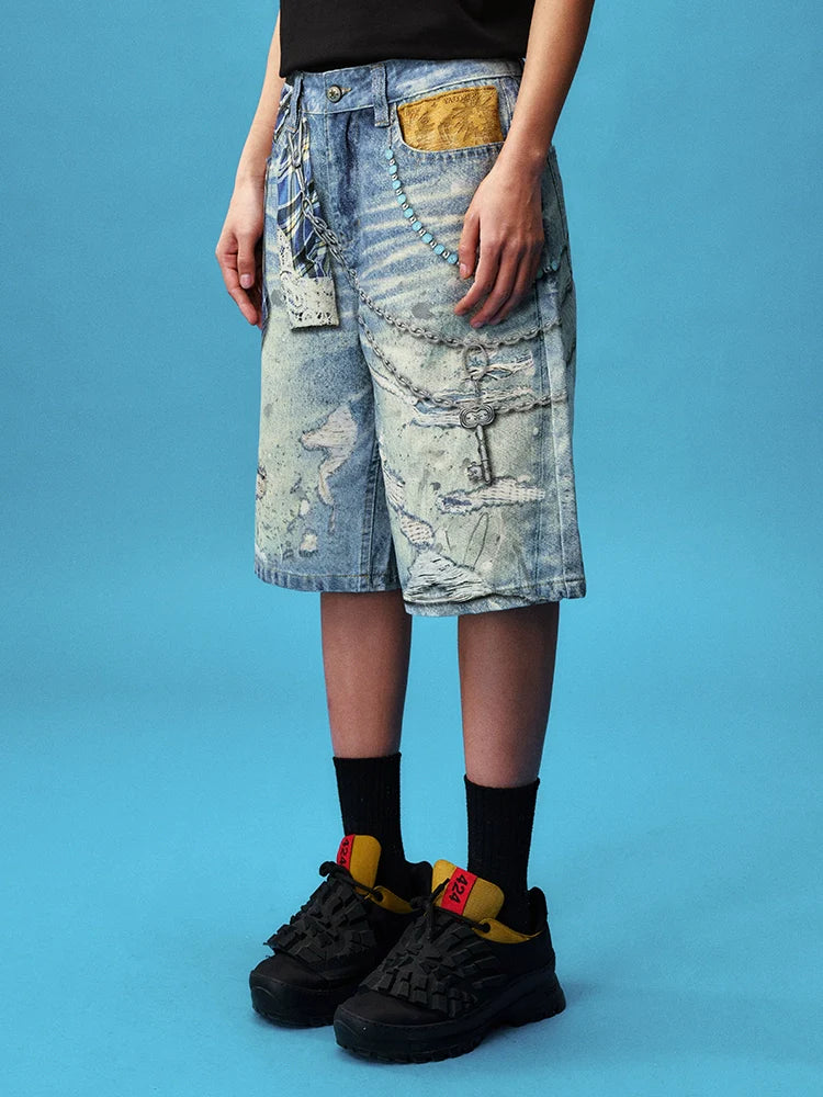 YADcrew Plaid Shirt Chain Print Denim Shorts