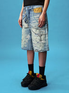 YADcrew Plaid Shirt Chain Print Denim Shorts