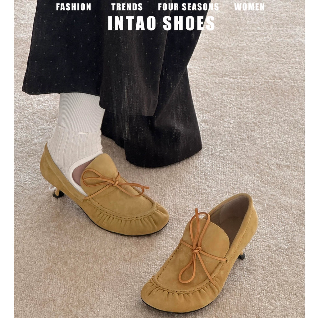 INTAO French Ballet Thick Heel Bow Shoes