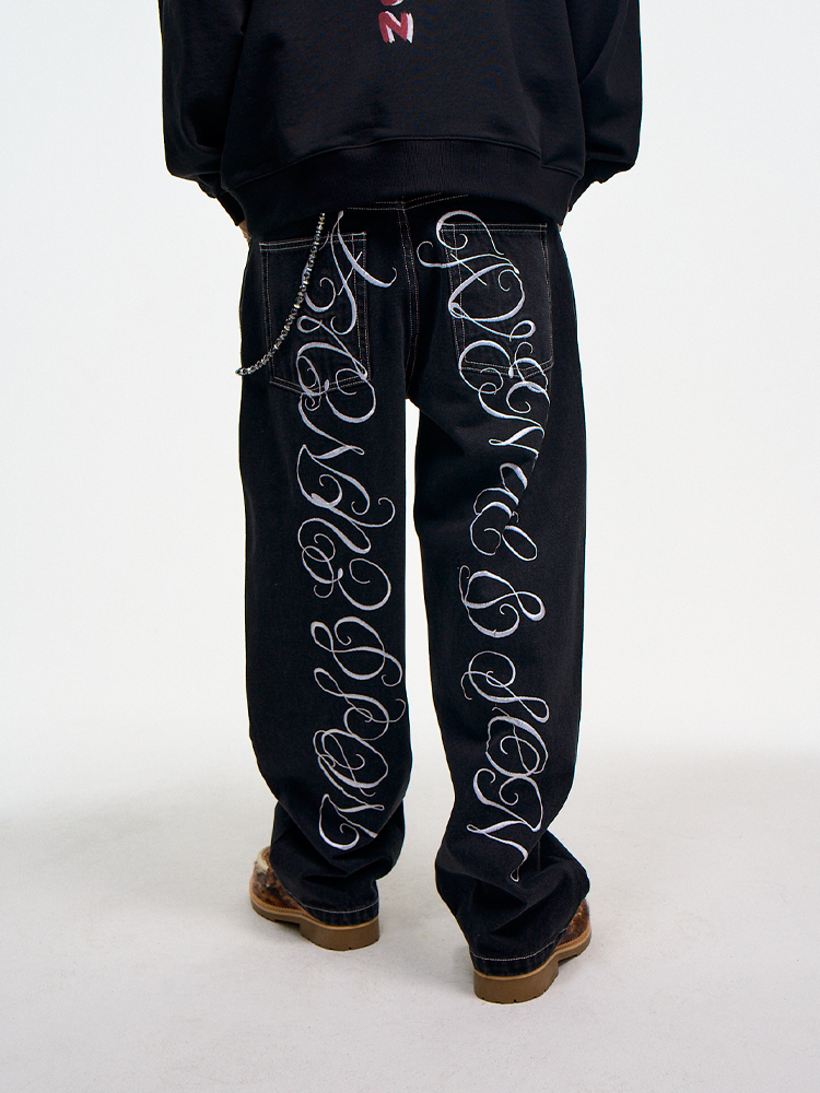 AVENUESON Two Color Heavy Embroidery Straight Wide Leg Jeans