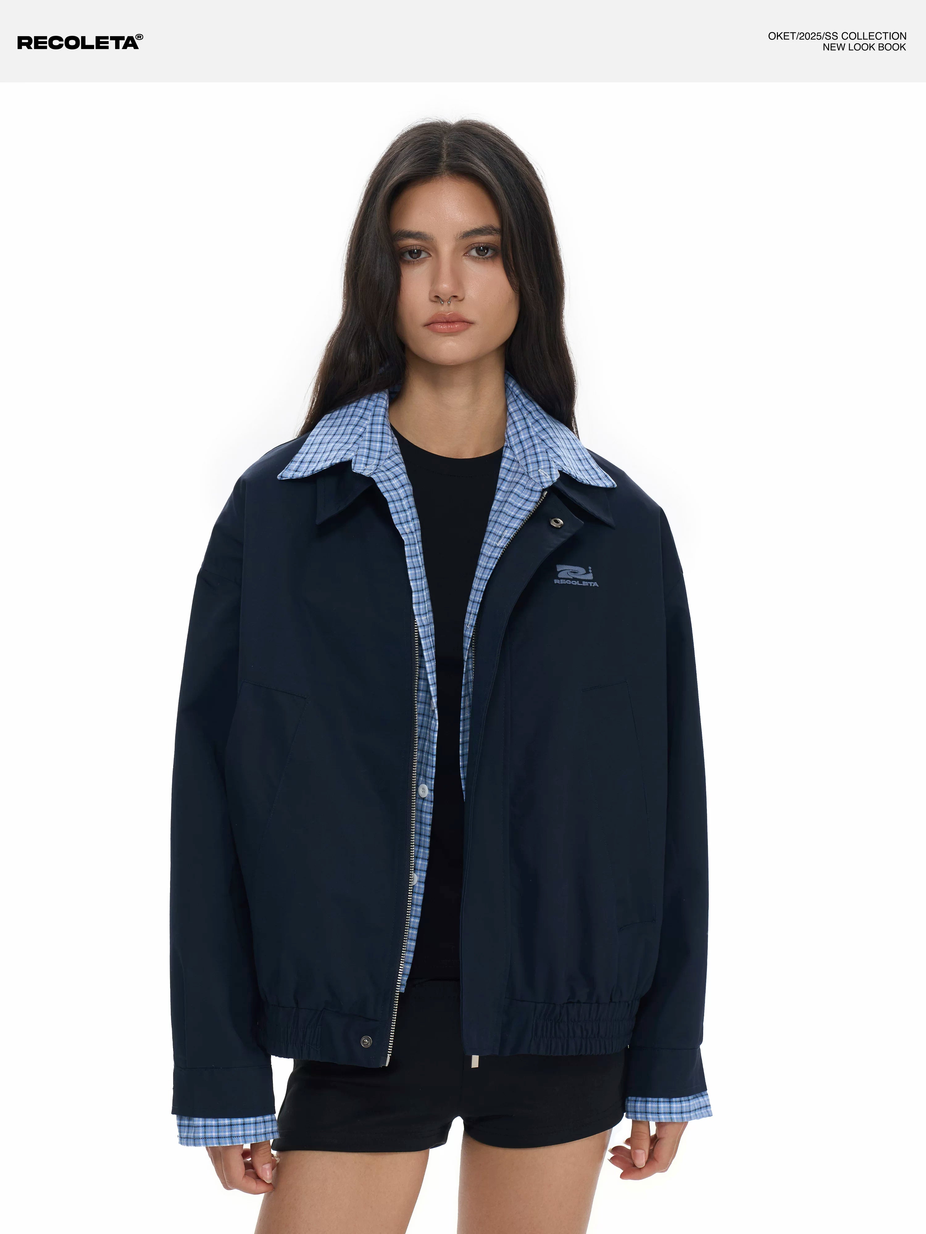 RECOLETA Plaid Spliced Fake Two Piece Cardigan Jacket