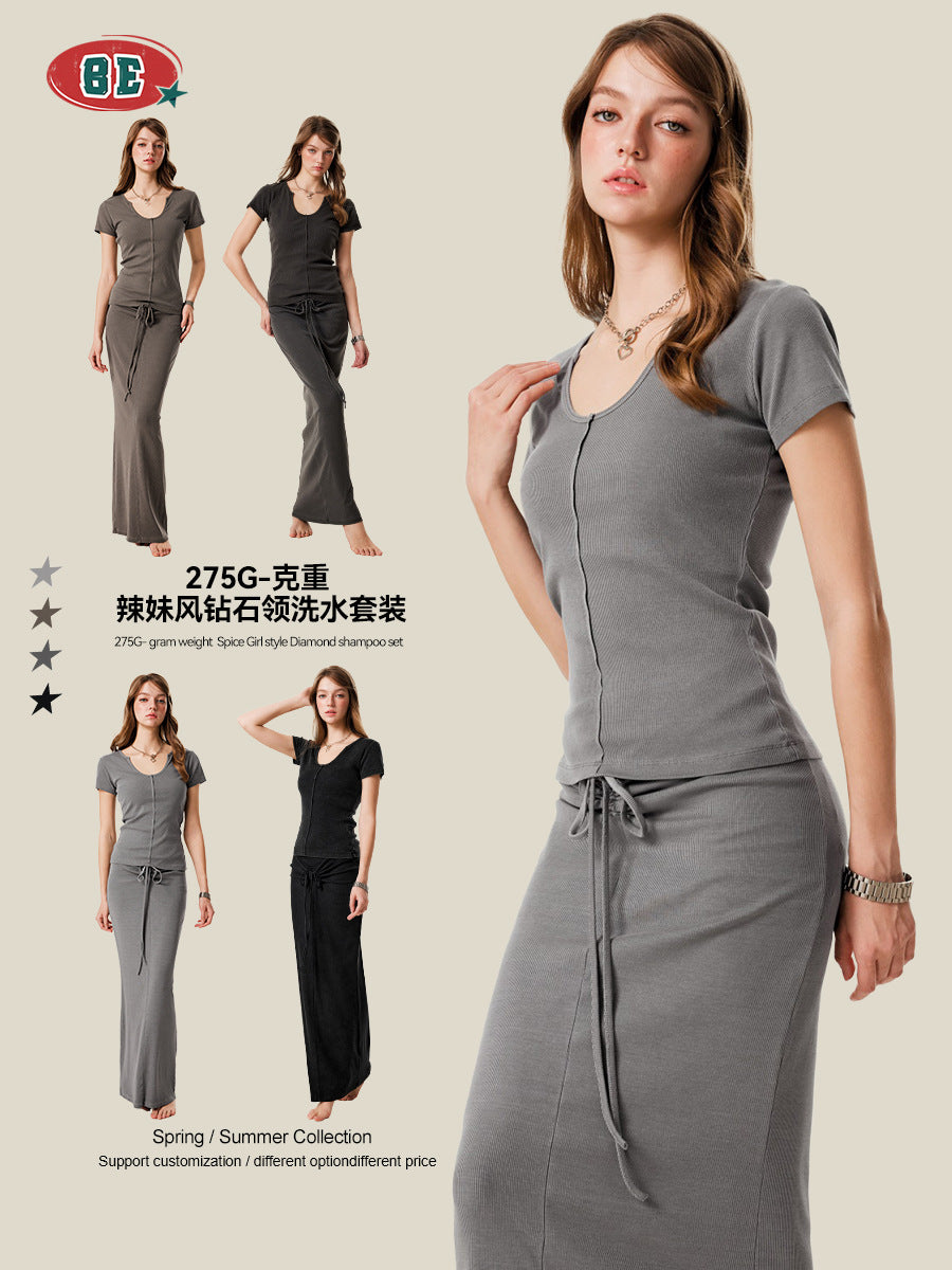 BE BM Diamond-Neck Skirt Set