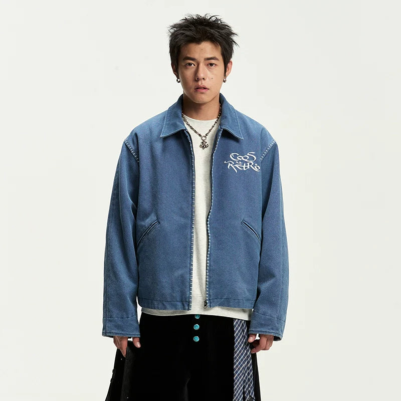 CoosRetro Vintage One-Word Embroidered Craft Shirt Jacket