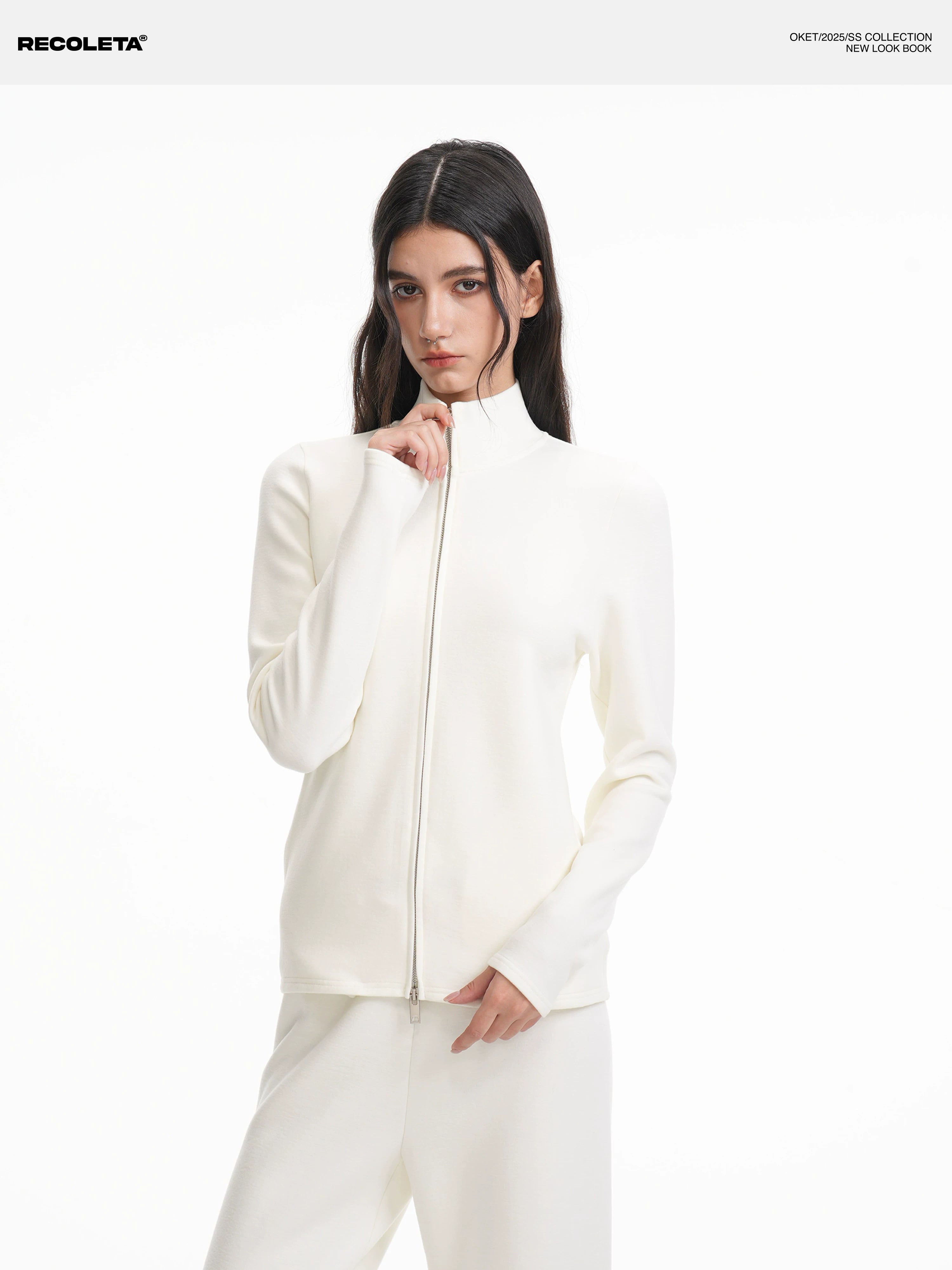 RECOLETA Lazy Wool Zipper Stand Collar Cardigan Set