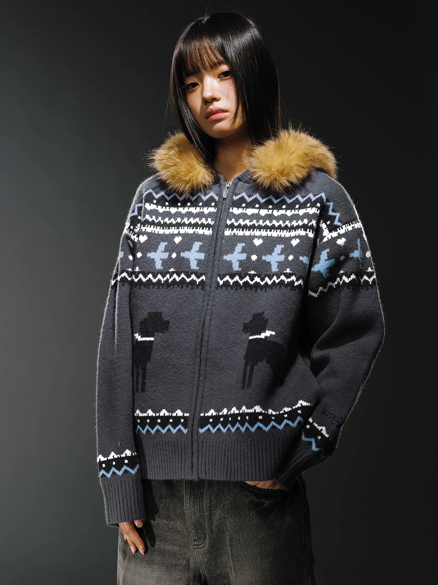 WHOOSIS Fair Isle Fur Collar Knitted Jacket
