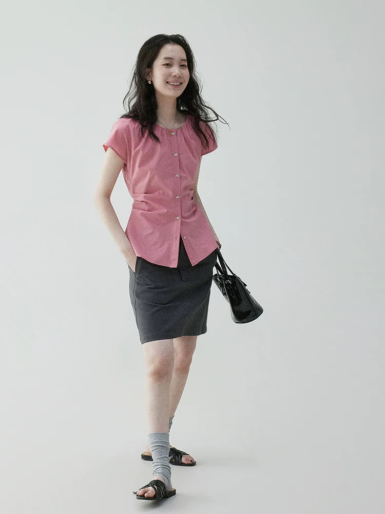 VOOE Waist Pleated Strap Slim-fit Shirt