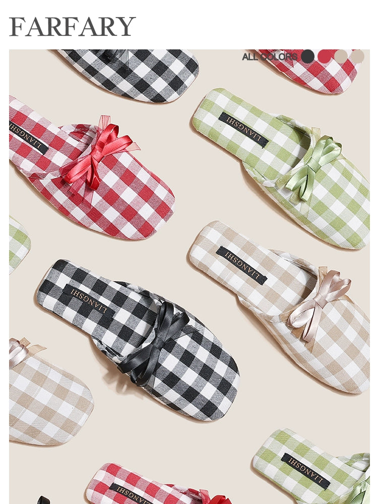 Farfary Houndstooth Bow Half Slippers