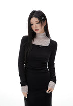 Imone Pleated Waist Mesh Stitching Semi-turtleneck Dress