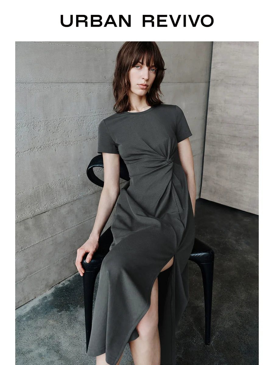 URBAN REVIVO Pleated Slit Slim Short Sleeve Dress