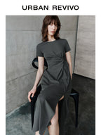 URBAN REVIVO Pleated Slit Slim Short Sleeve Dress