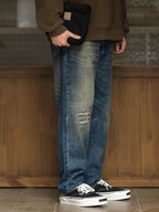 DESICCANT Washed Old Ripped Straight Loose Jeans