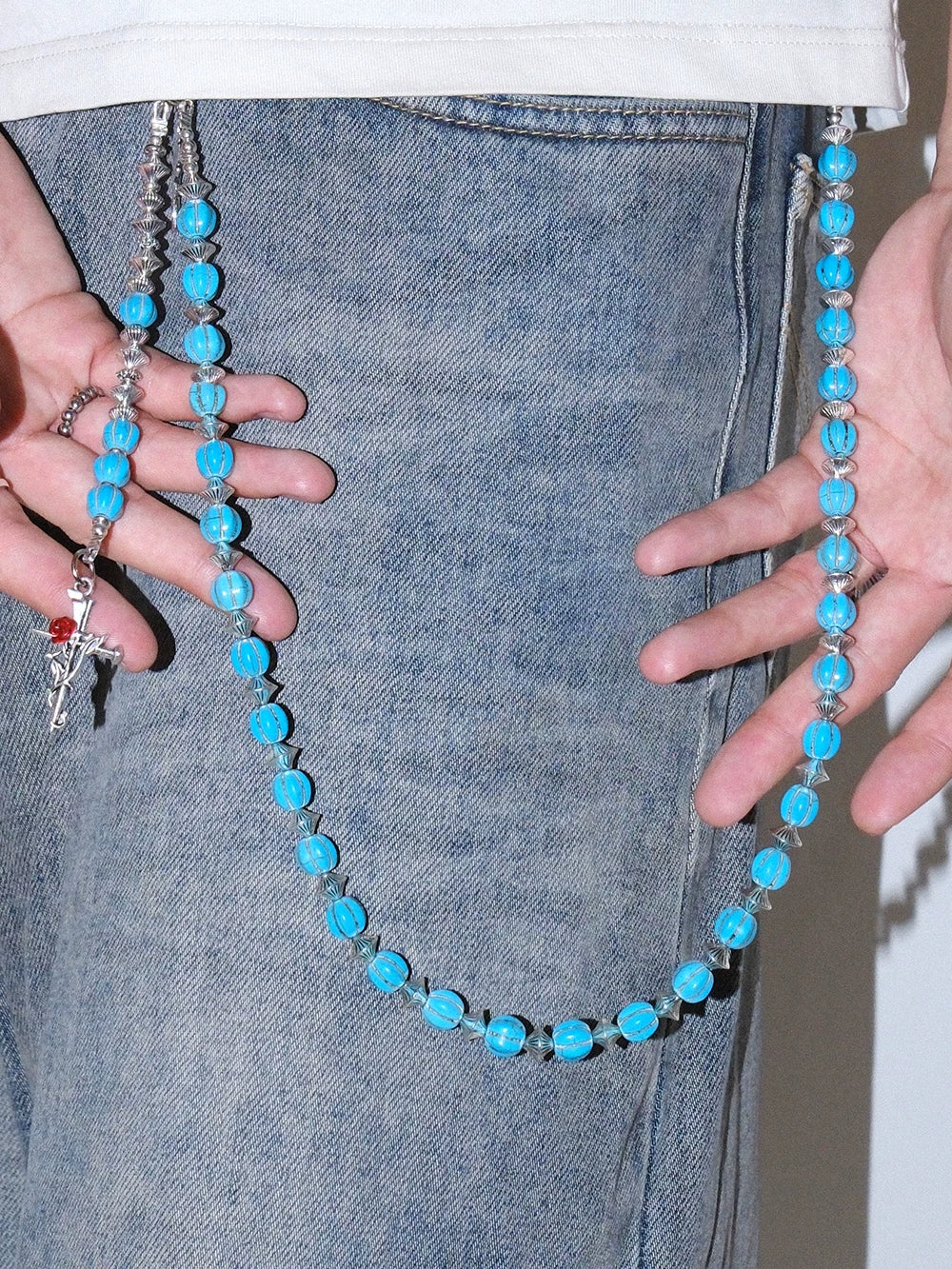 Darkblue Store Retro Blue Cross Skull Punk Trouser Chain