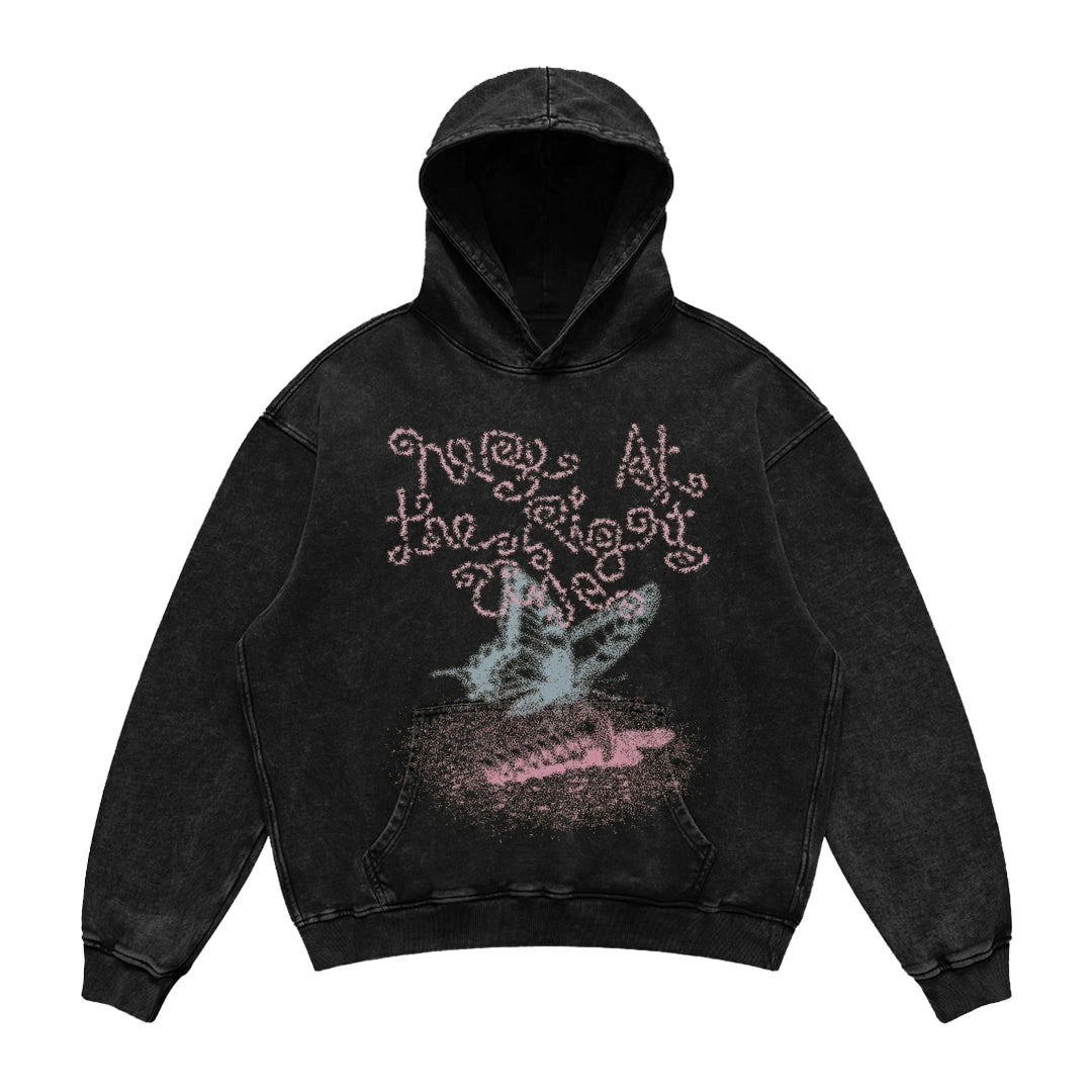 Butterfly Print Washed Distressed Hoodie