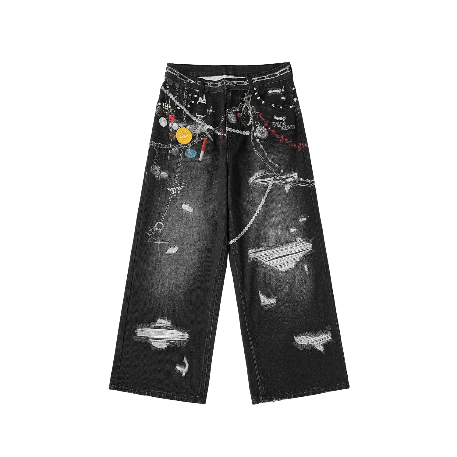WHOOSIS Decorative Patch Denim Print Pants