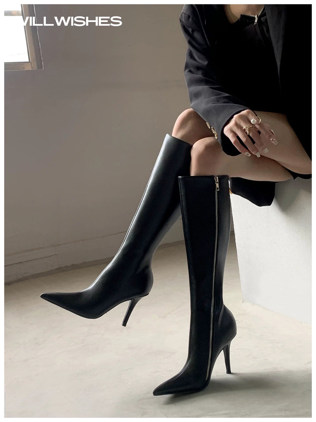 WILLWISHES Wang Ding Pointed Toe Stiletto Slim Knight Boots