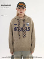 ANAMONE Retro College Pattern Tie Hooded Sweater