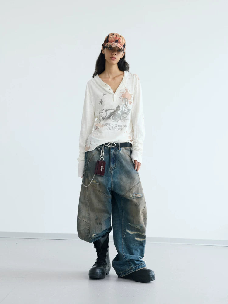 PEOPLESENSE Deconstructed Pleated Yellow Mud Dyed Ripped Scimitar Pants
