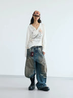 PEOPLESENSE Deconstructed Pleated Yellow Mud Dyed Ripped Scimitar Pants