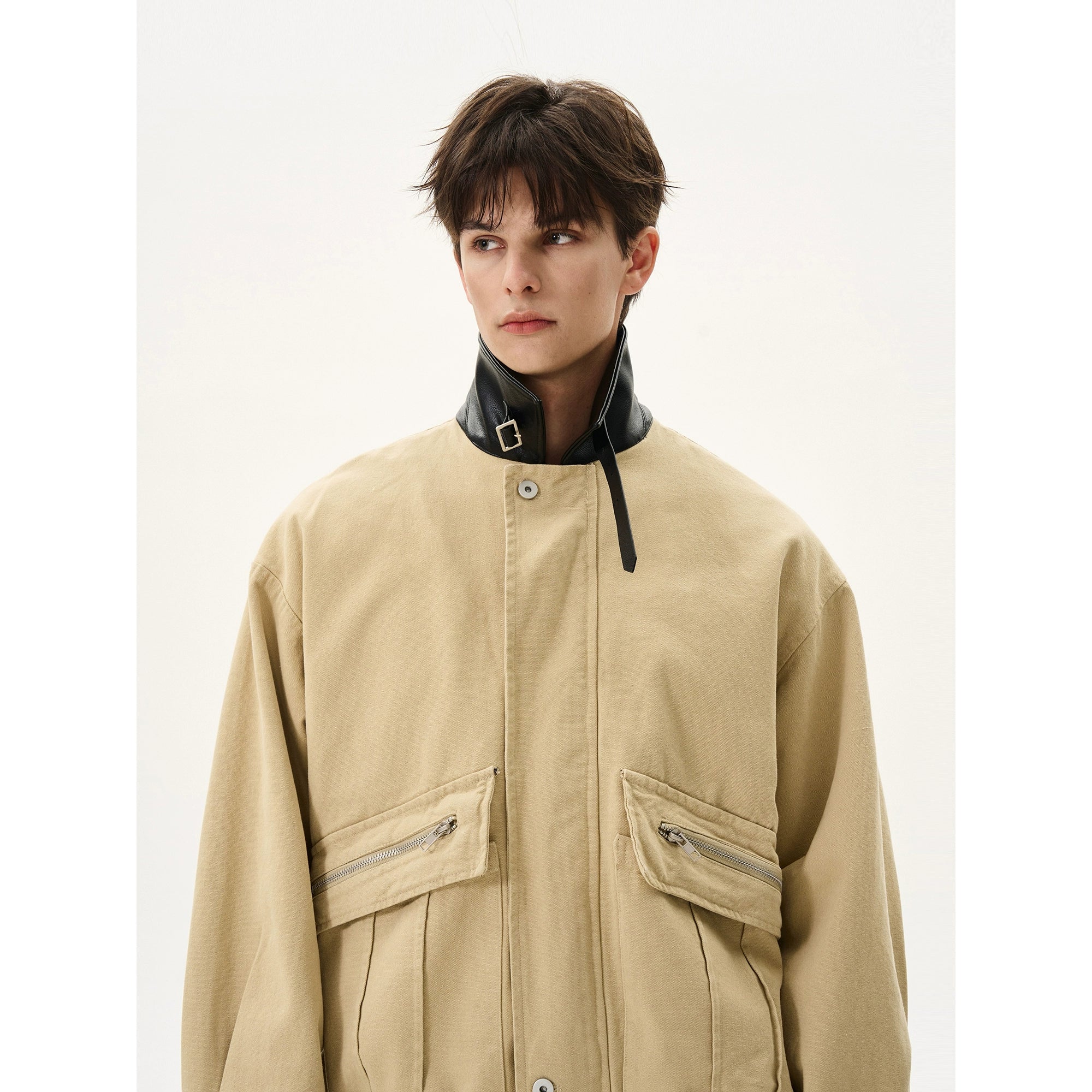 MaxDstr Distressed Leather-Collar Work Jacket