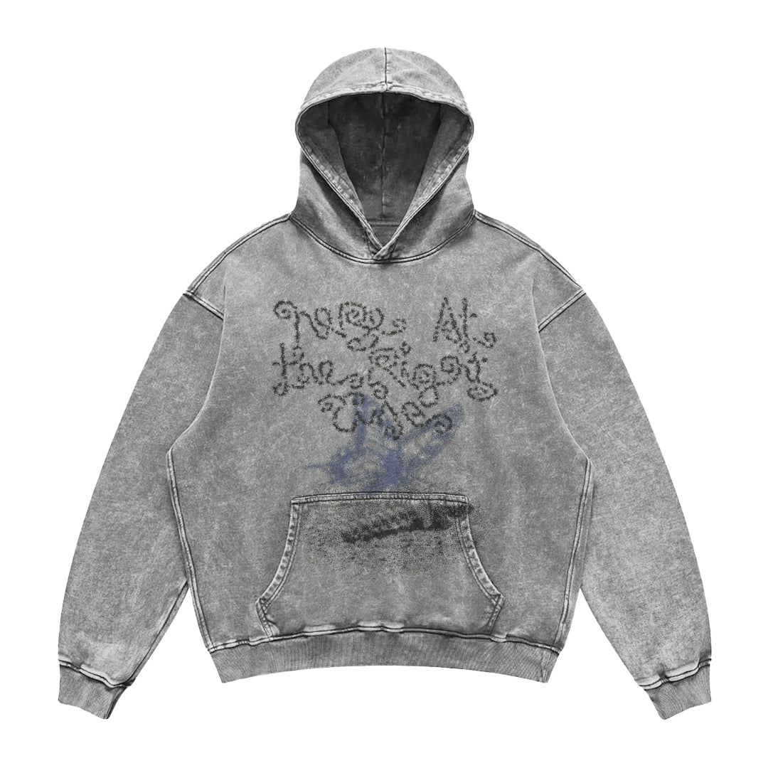Butterfly Print Washed Distressed Hoodie