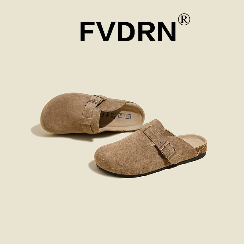 FVDRN Genuine Leather Cork Sole Clog Slippers