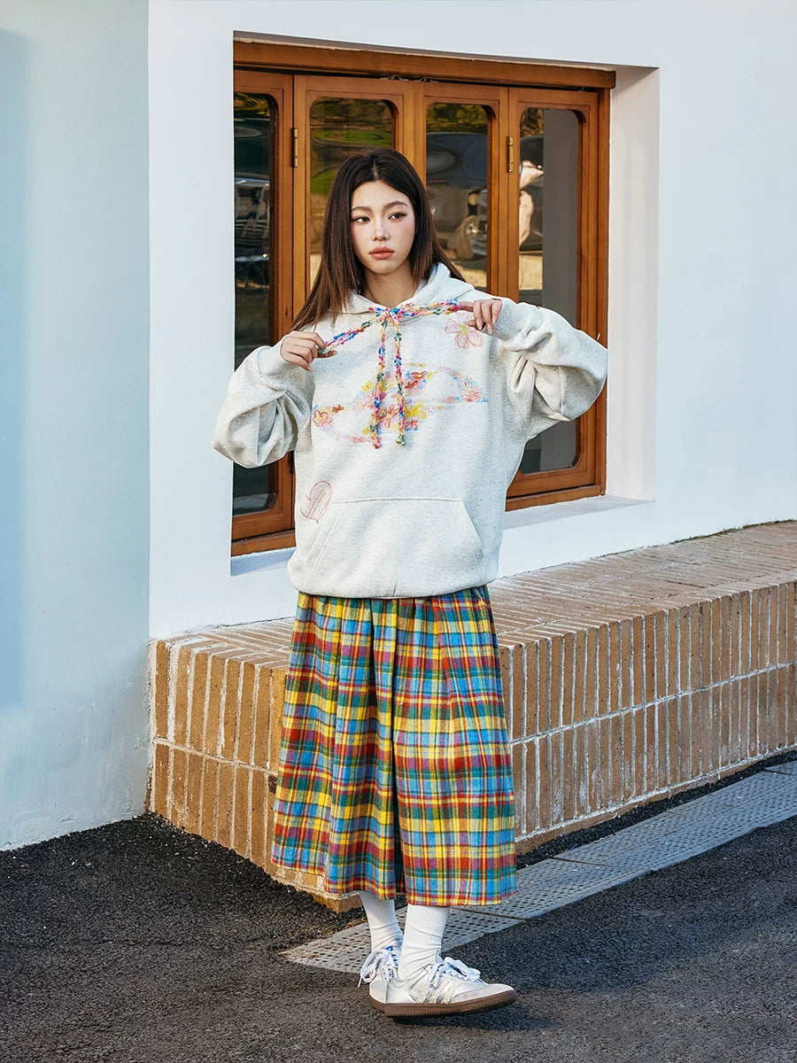 Harshandcruel Cute Furry Drawstring Crayon Flower Korean Couple Hooded Sweatshirt