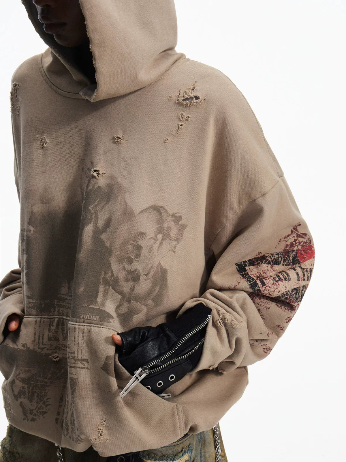 PEOPLESENSE Double Layer Fire Horse Print Distressed Hooded Sweatshirt