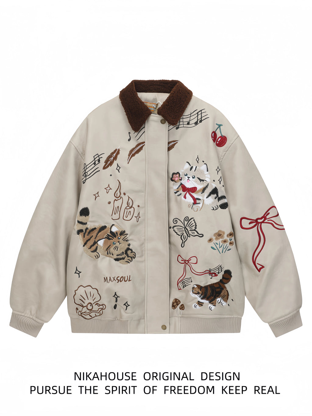 NIKAHOUSE Washed Cute Cat Embroidery Fur Leather Jacket