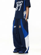 BTSG American retro badge contrasting color splicing elastic waist Pants