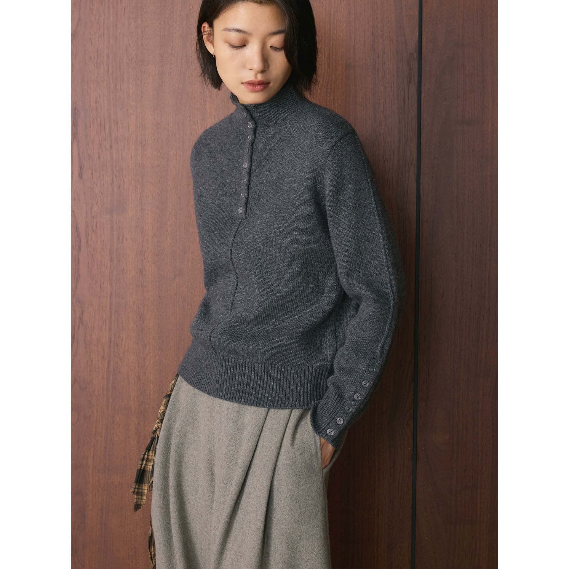 Louvre Winter Korean Style Half Turtleneck Multi-Button Knit Sweater