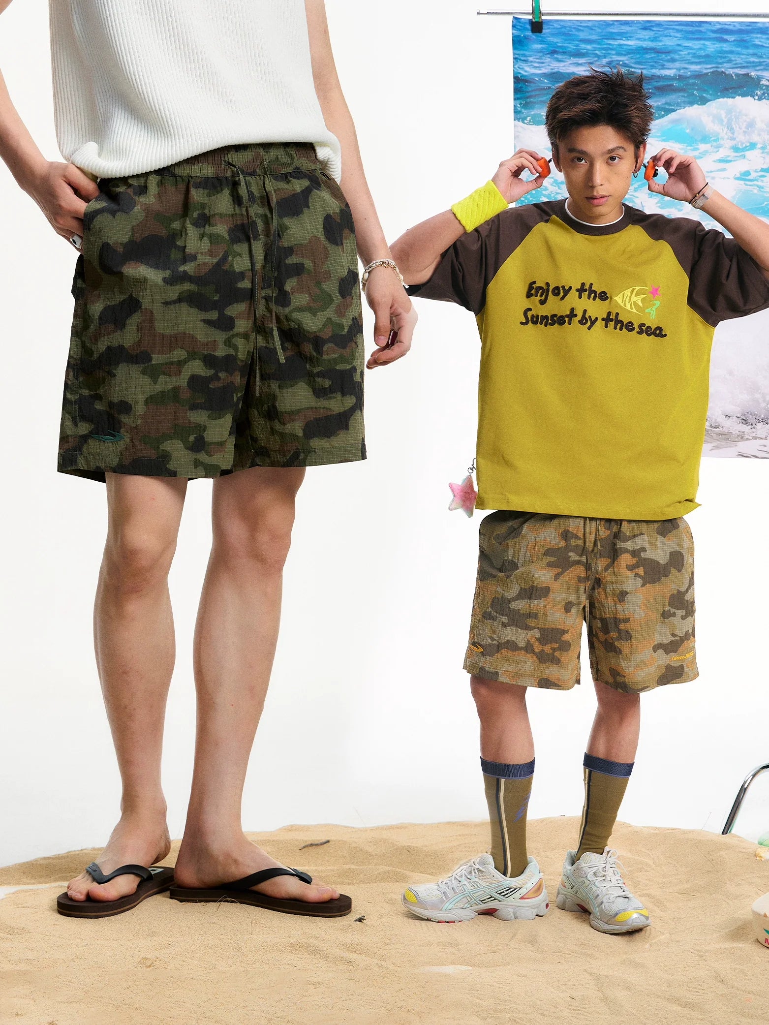 NewJNXS Lightweight Camouflage Embroidered Plaid Wide-leg Shorts