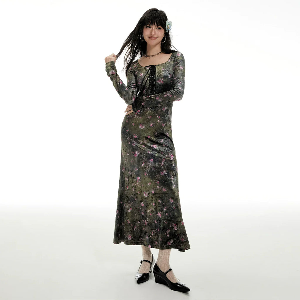 Imone Retro Chest Strap Waist Slim Square Neck Velvet Dress