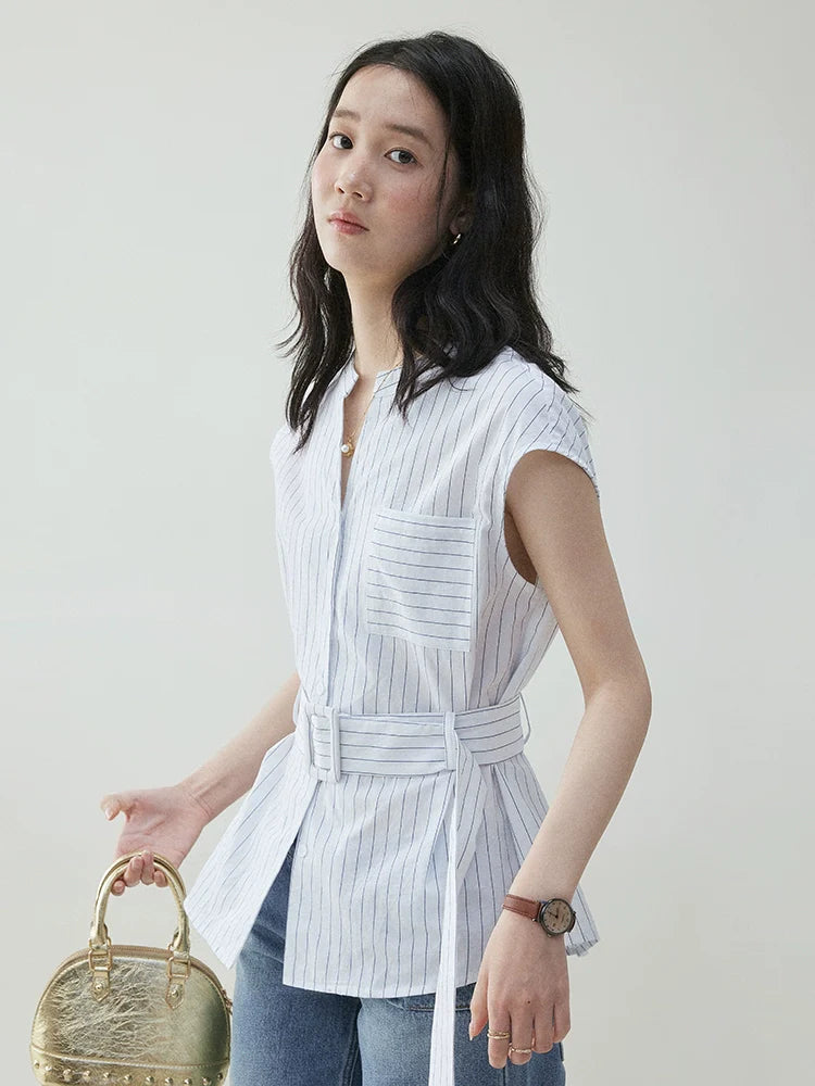 VOOE Temperament Pure Cotton Thin Belt Shirt