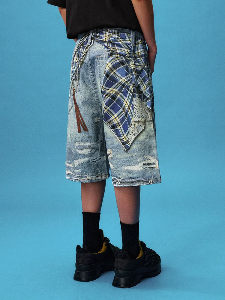 YADcrew Plaid Shirt Chain Print Denim Shorts