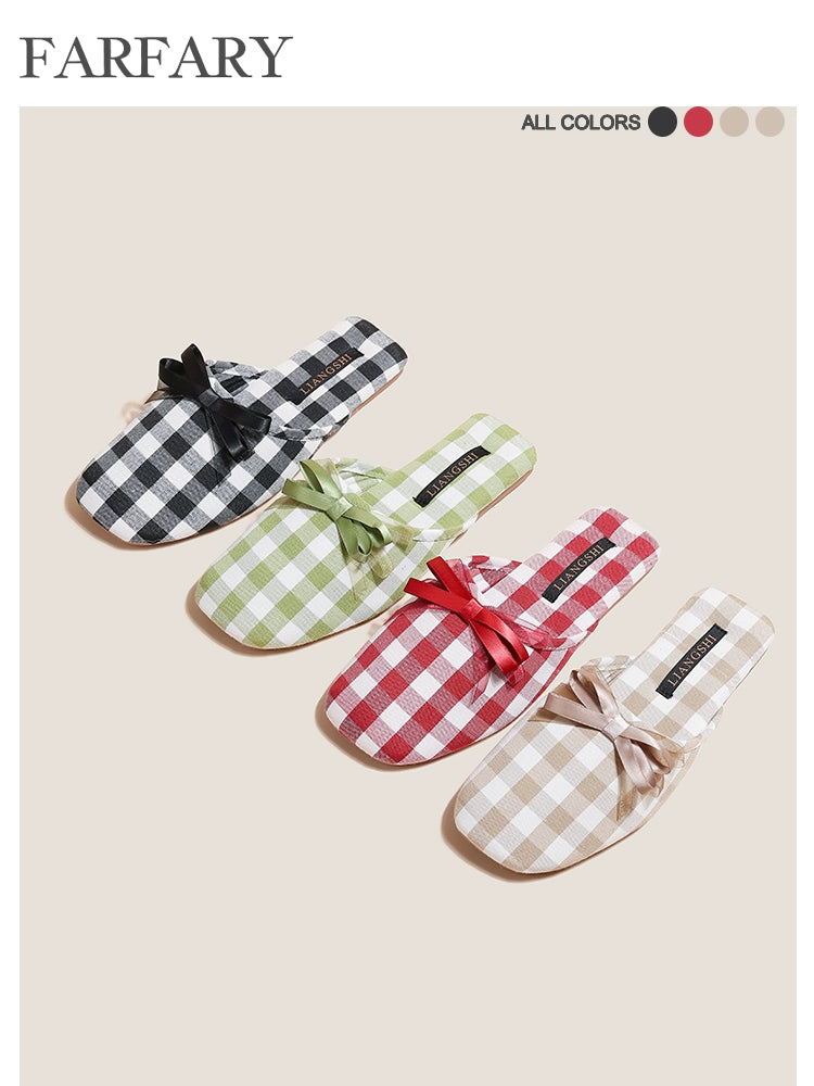 Farfary Houndstooth Bow Half Slippers