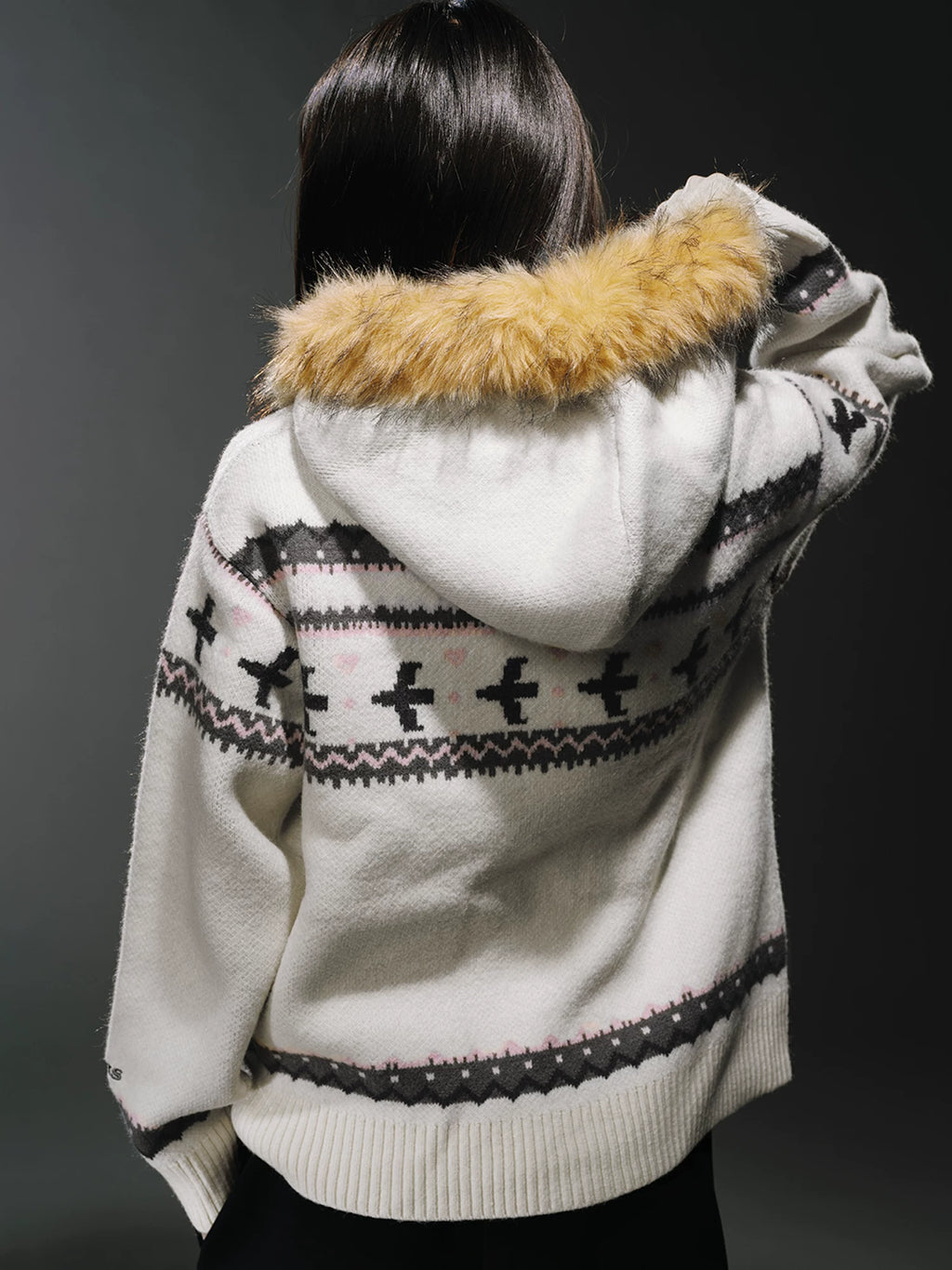 WHOOSIS Fair Isle Fur Collar Knitted Jacket